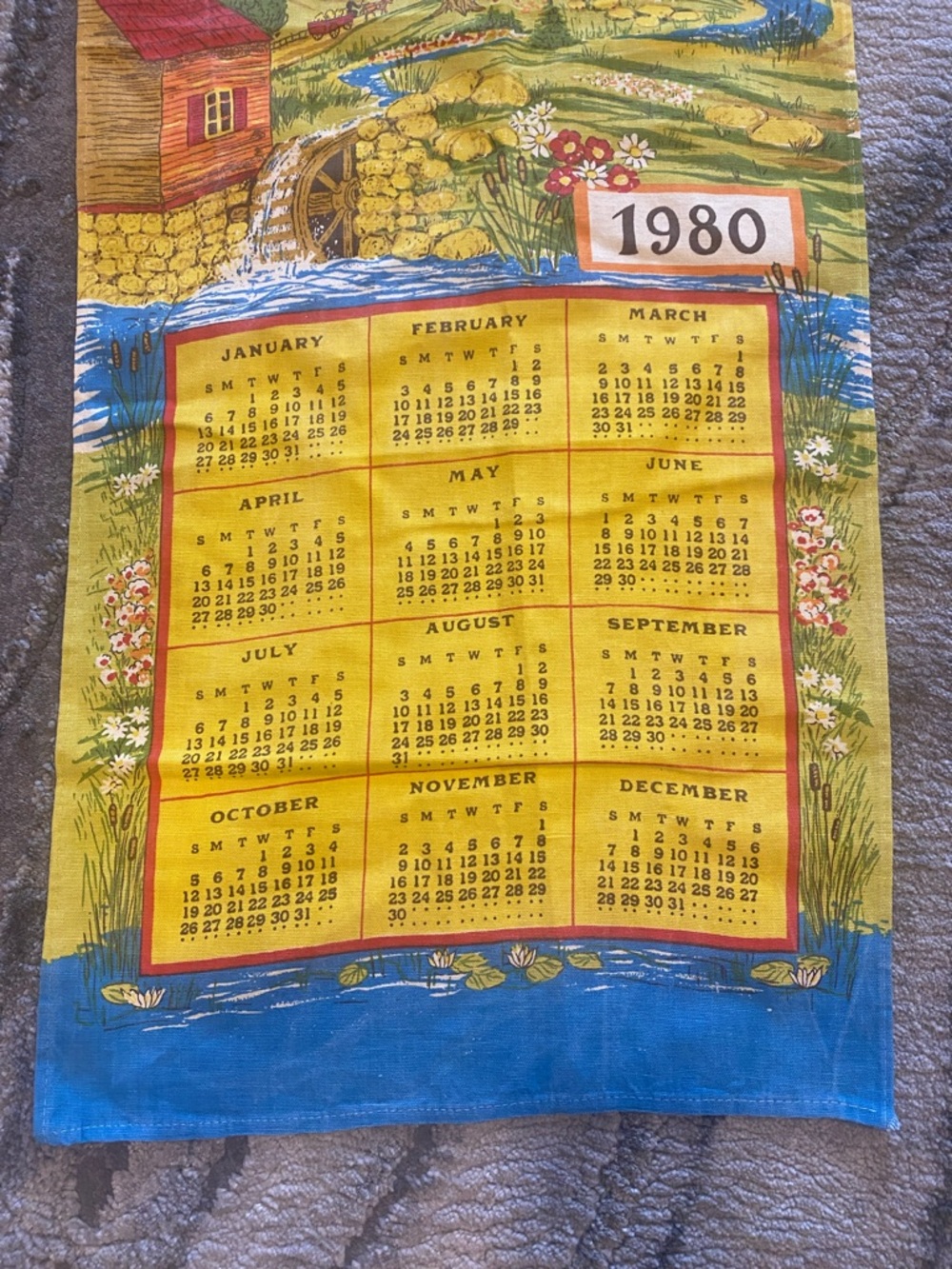 Vintage 1980 linen blend Calendar tea towel vibrant colors Country Scene - Picture 2 of 8